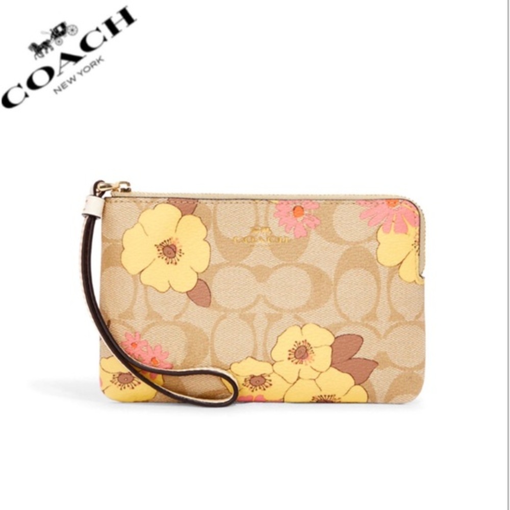 NWT COACH CORNER ZIP WRISTLET IN SIGNATURE CANVAS WITH FLORAL CLUSTER PRINT